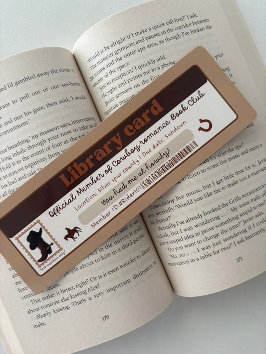 Cowboy romance book club library card bookmark