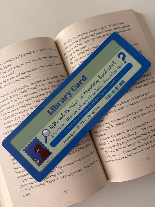 Mystery book club library card bookmark