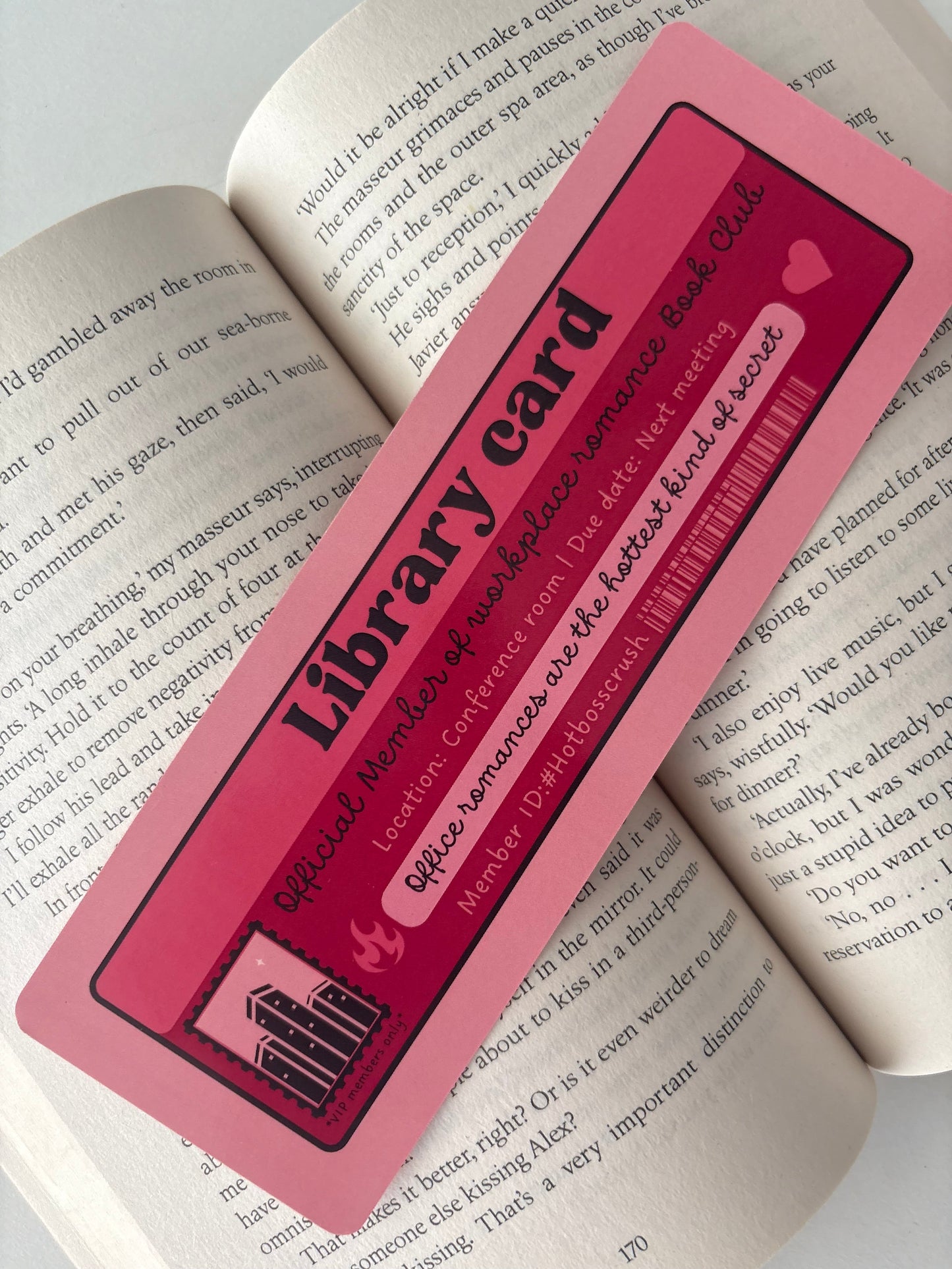Workplace romance book club library card bookmark