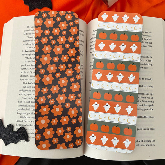 Summerween floral bookmark, Ghost and pumpkin pattern bookmark