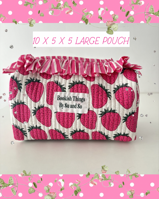 Strawberry Ruffle Quilted toiletry pouch / makeup pouch/ reading essentials pouch