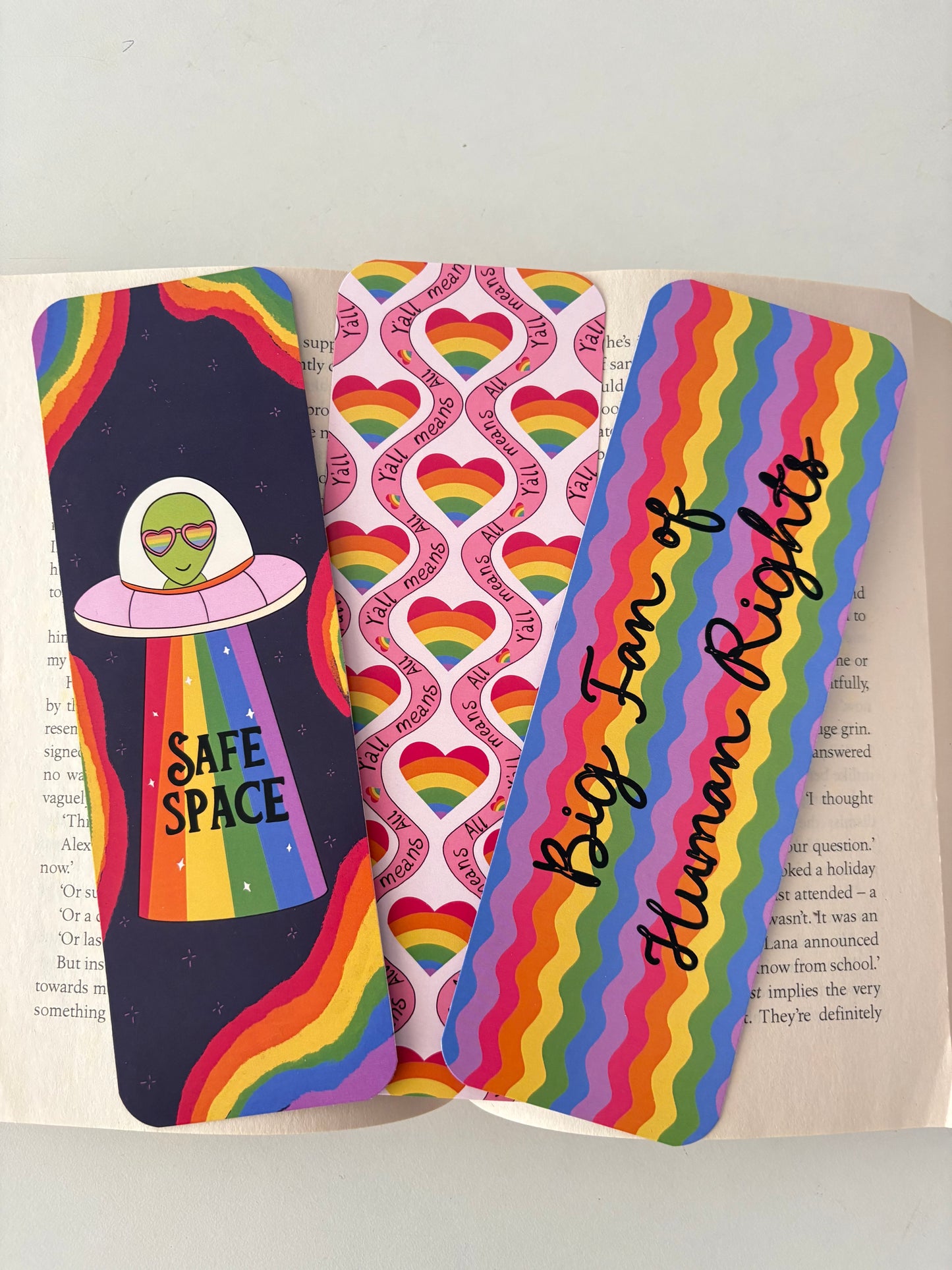 Big fan of human rights bookmark, Y’all means All bookmark, Safe space bookmark