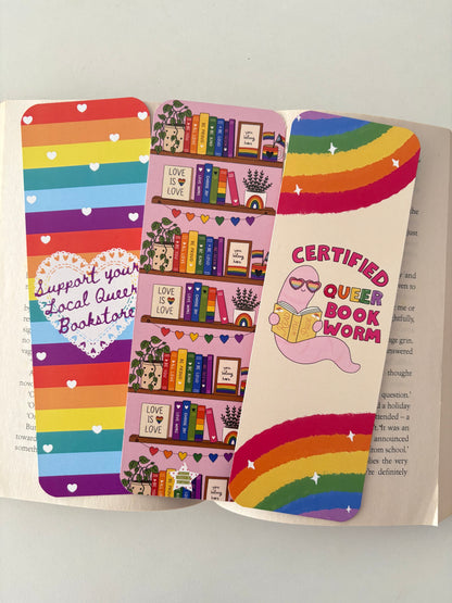 Certified Queer Bookworm bookmark, Pride Bookshelf Bookmark, Support your local queer bookstore bookmark