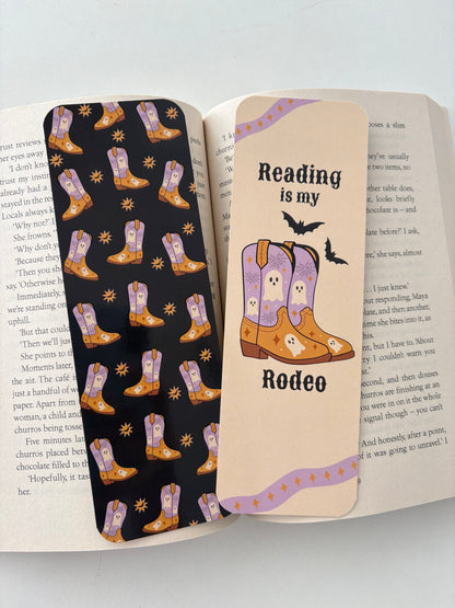 Reading is my rodeo bookmark, spooky cowboy boots bookmark