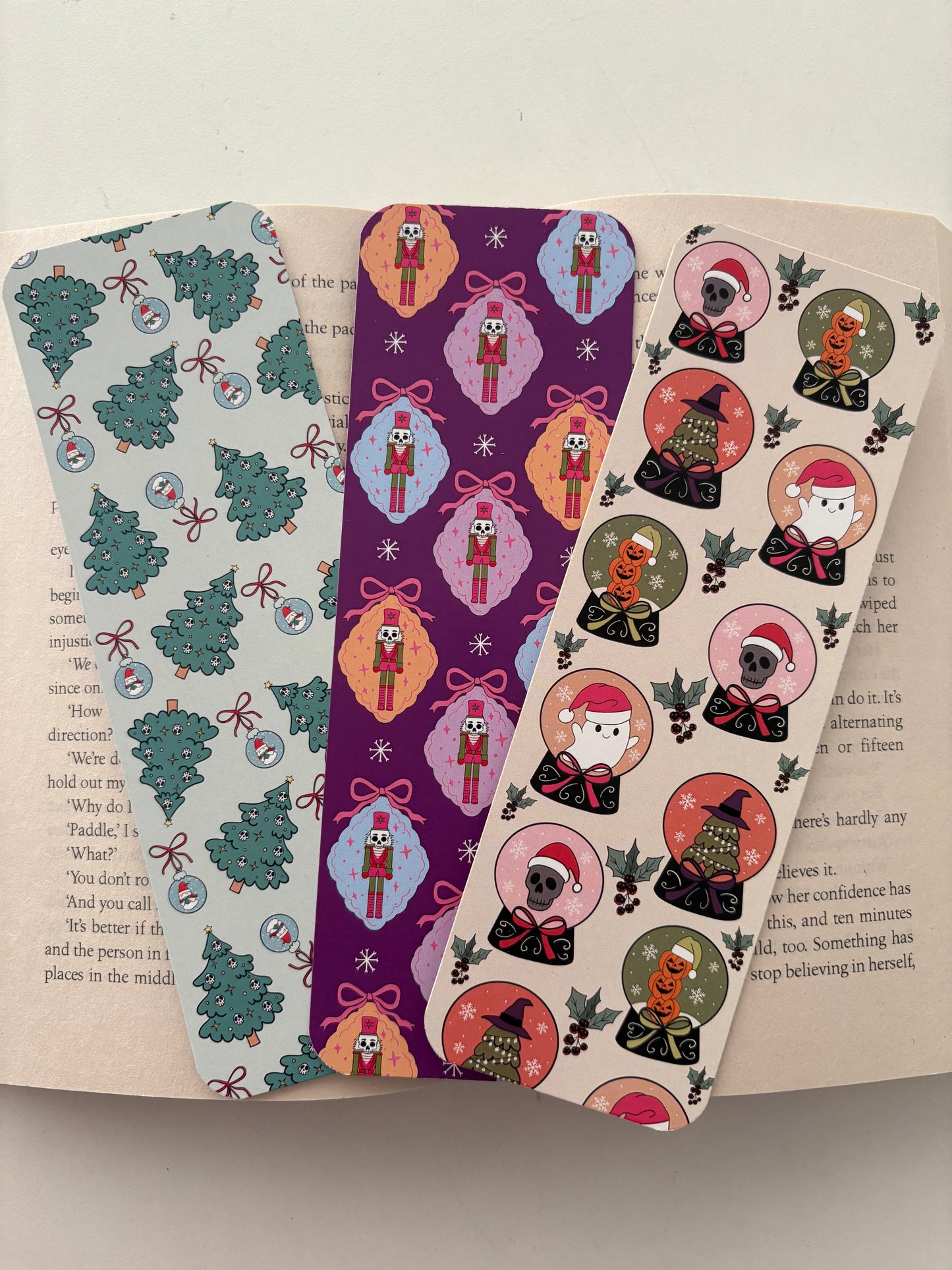 Creepmas snow globe bookmark , Creepmas nutcracker bookmark, Creepmas tree pattern bookmark