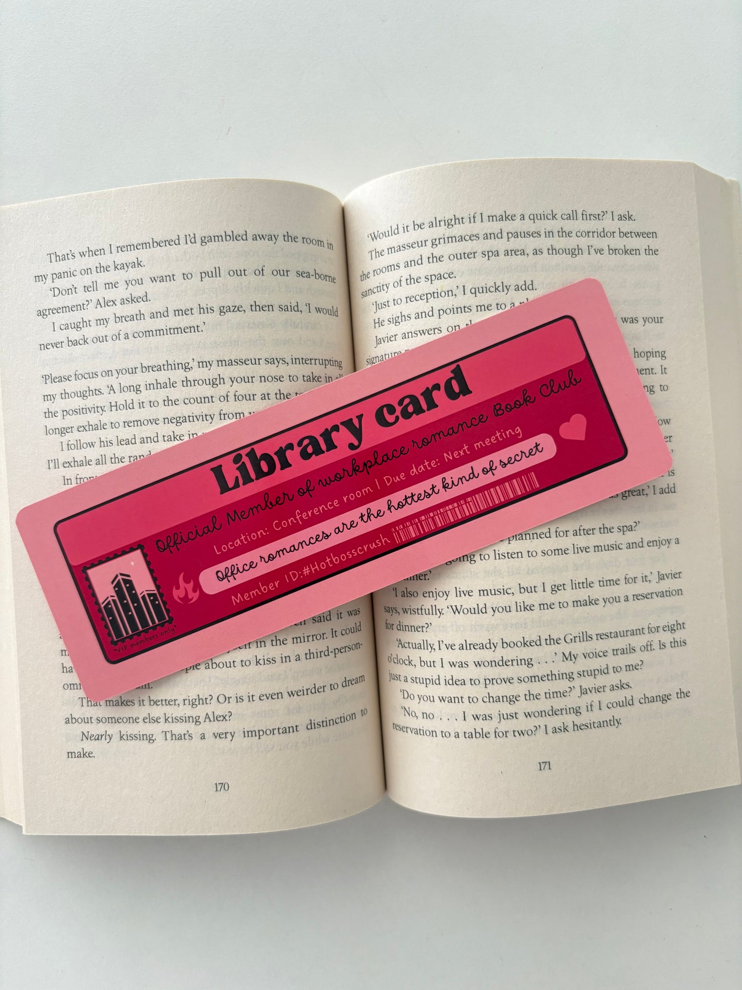 Workplace romance book club library card bookmark