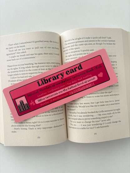 Workplace romance book club library card bookmark