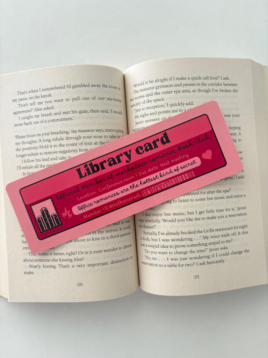 Workplace romance book club library card bookmark