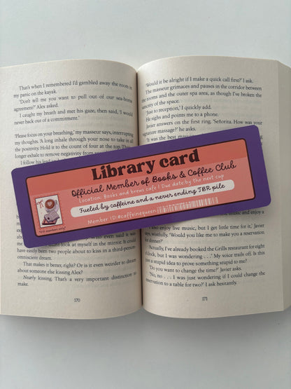 Books and coffee club library card bookmark