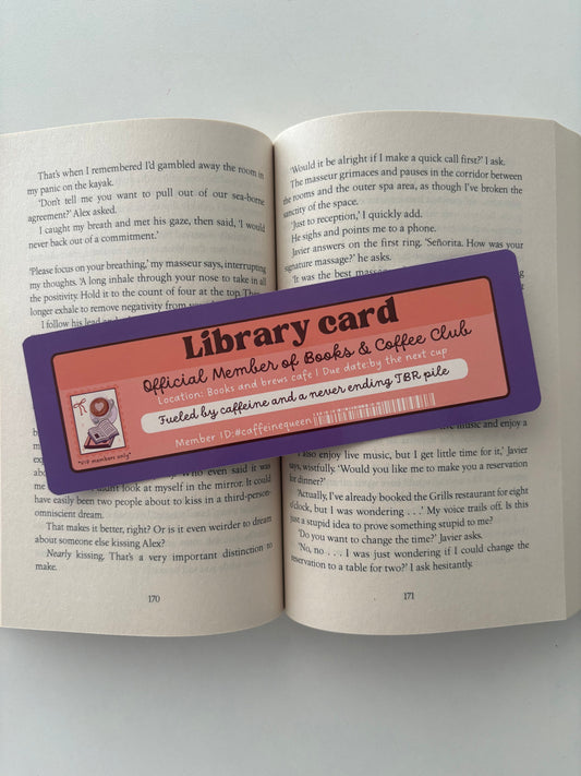 Books and coffee club library card bookmark