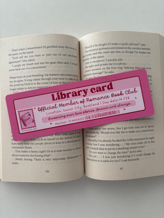 Romance Book club library card bookmark