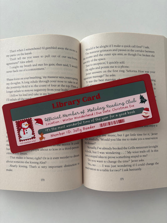 Holiday reading  club library card bookmark