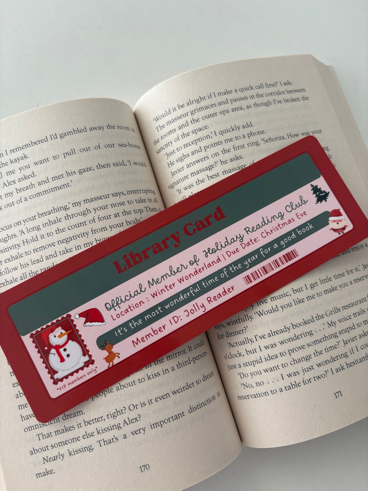 Holiday reading  club library card bookmark