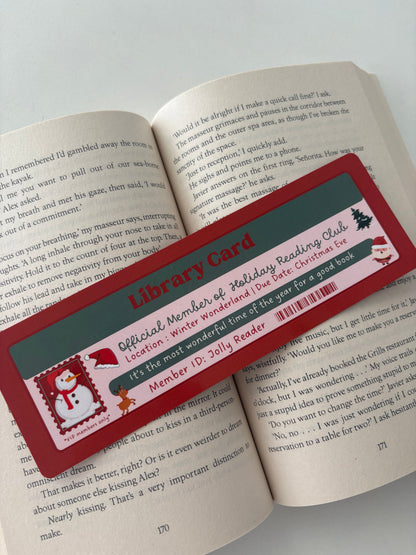 Holiday reading  club library card bookmark