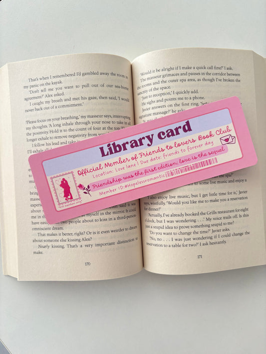 Friends to Lovers  book club library card bookmark