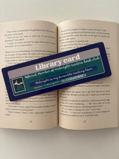 Midnight reader book club library card bookmark