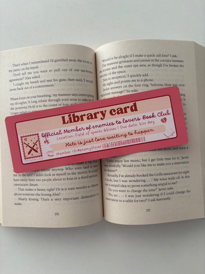 Enemies to Lovers  book club library card bookmark