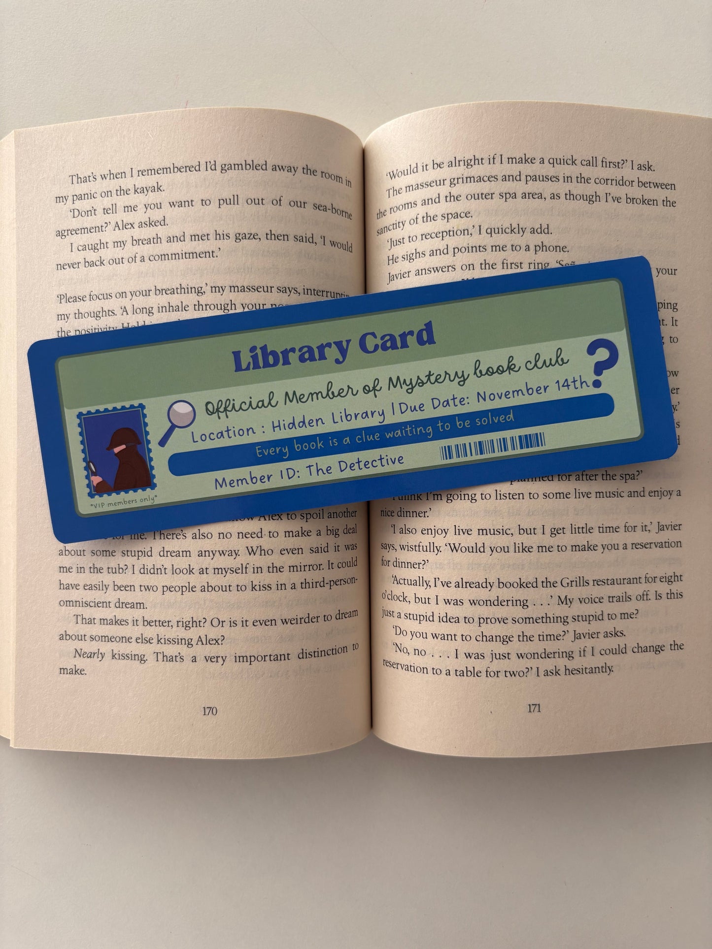 Mystery book club library card bookmark