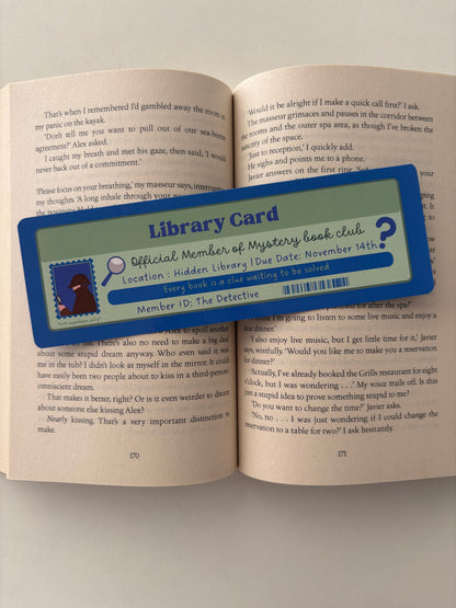 Mystery book club library card bookmark