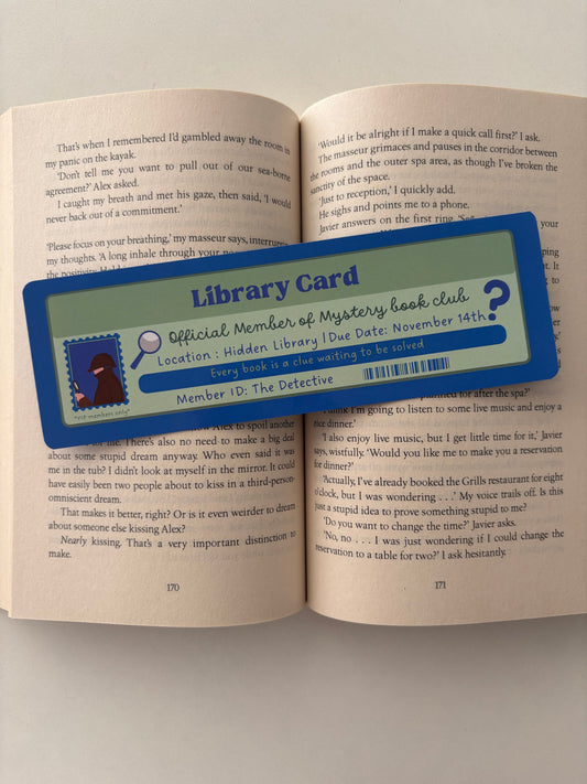 Mystery book club library card bookmark