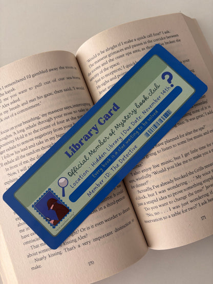Mystery book club library card bookmark