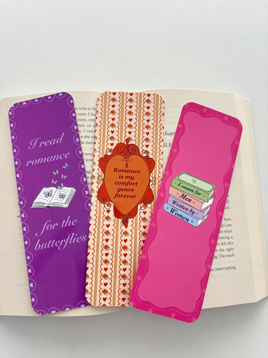 I swoon for men written by women bookmark, Romance is my comfort genre bookmark, Read romance for the butterflies bookmark