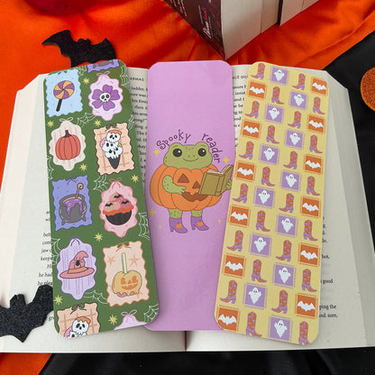 Spells and treats bookmark, Spooky reader frog bookmark, Spooky cowboy bookmark