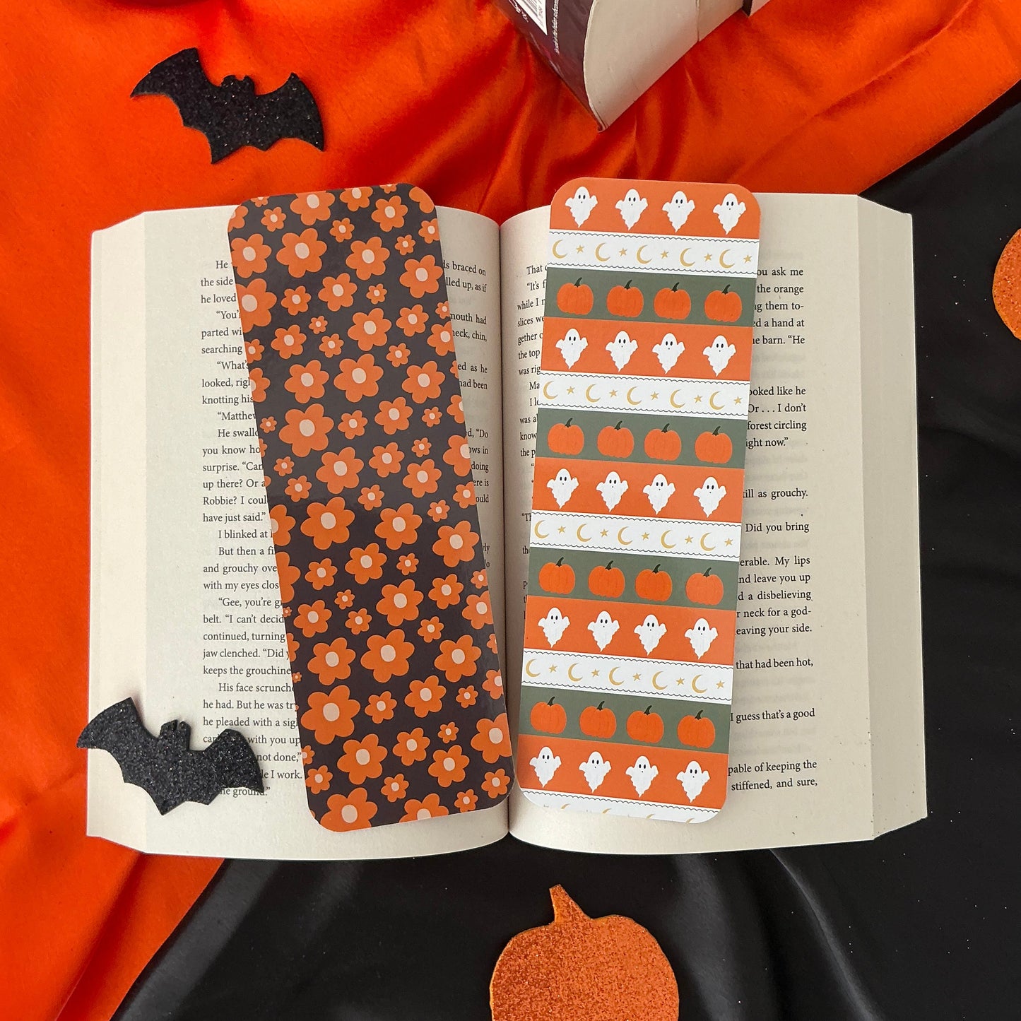 Summerween floral bookmark, Ghost and pumpkin pattern bookmark