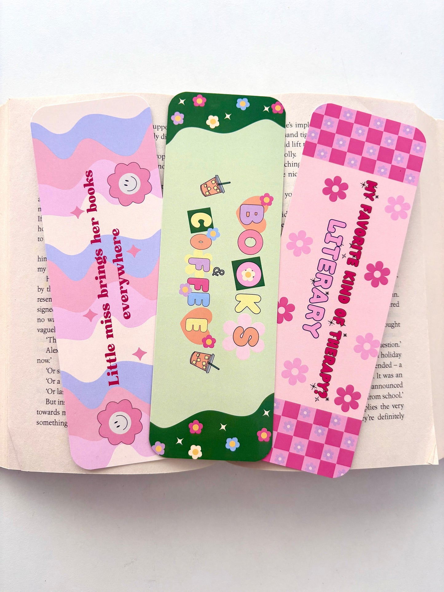Books & Coffee bookmark, Little miss brings her books bookmark, Favourite kind of therapy bookmark