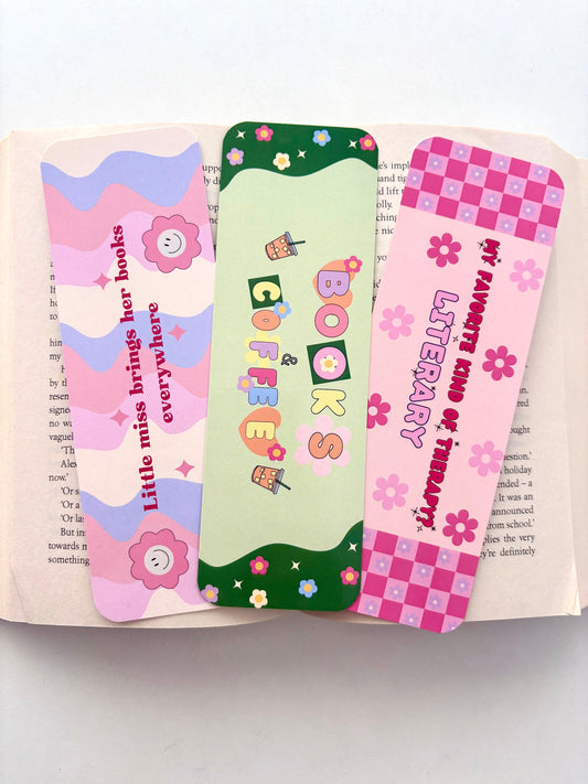 Books & Coffee bookmark, Little miss brings her books bookmark, Favourite kind of therapy bookmark